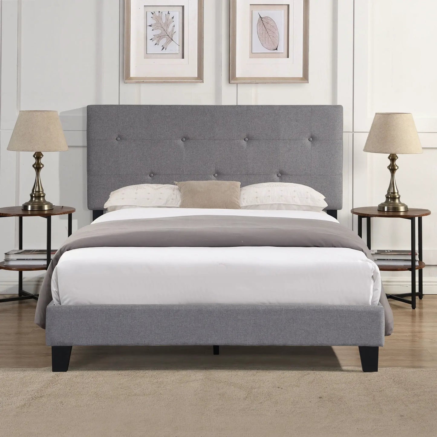 Modern upholstered platform bed with button-tufted grey headboard and wood slat support on Tampa Home & Garden Store