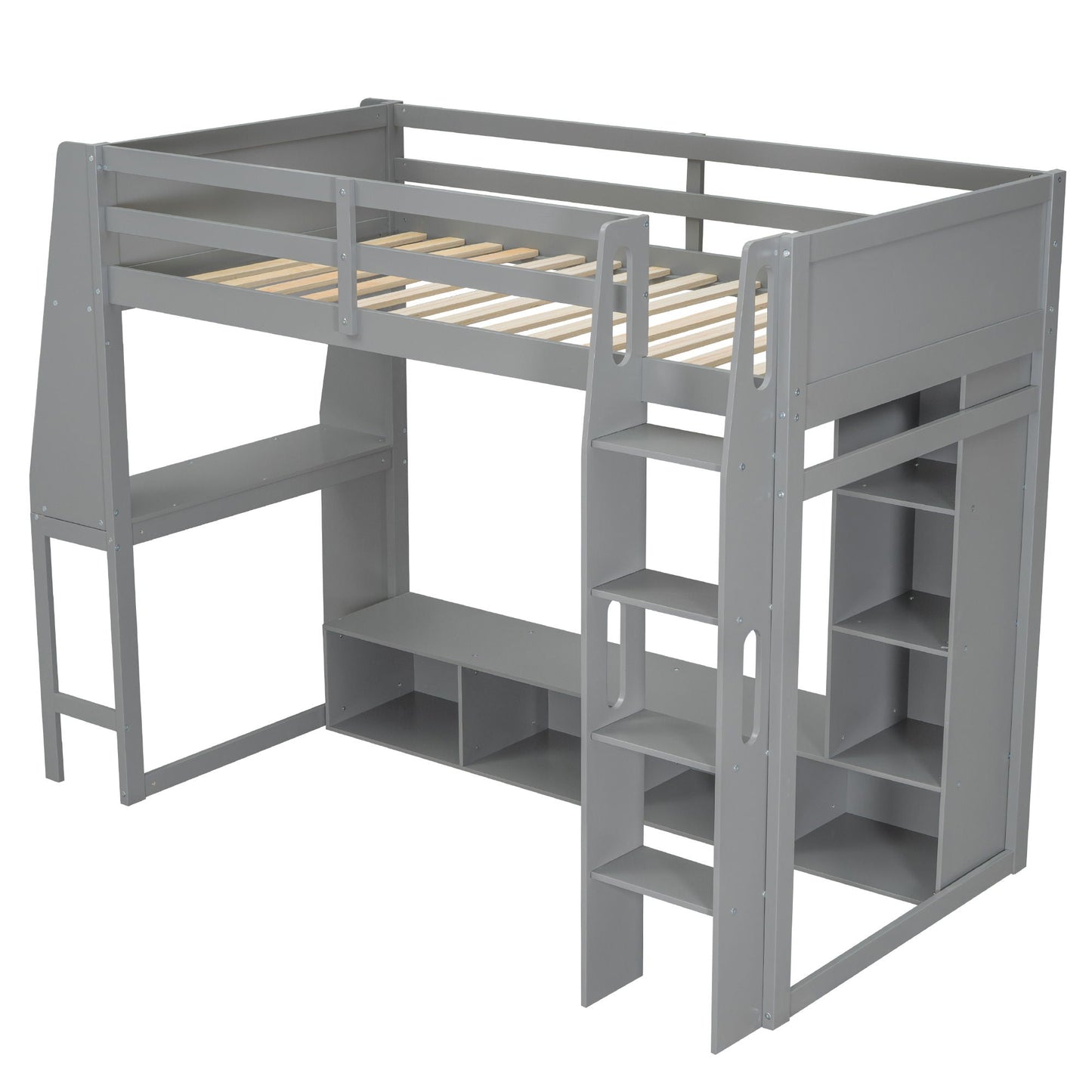 Gaming loft bed with desk in gray, built in storage shelves and ladder by HouseOfZazla on Tampa Home & Garden Store