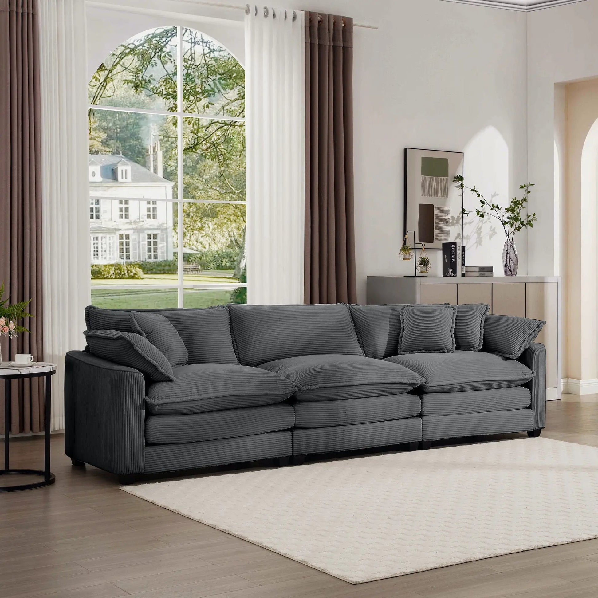 Midcentury 3-Seater Sofa charcoal fabric with arm and throw pillows Unique Piece Furniture on Tampa Home & Garden Store