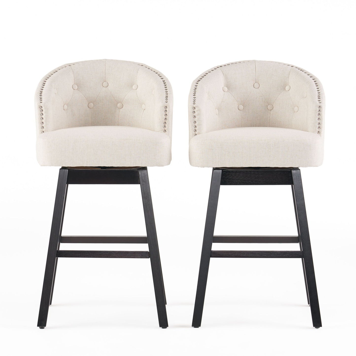 360 Degree Swivel Bar Stool Set of 2 beige tufted seats with nailhead trim and black metal legs on Tampa Home & Garden Store
