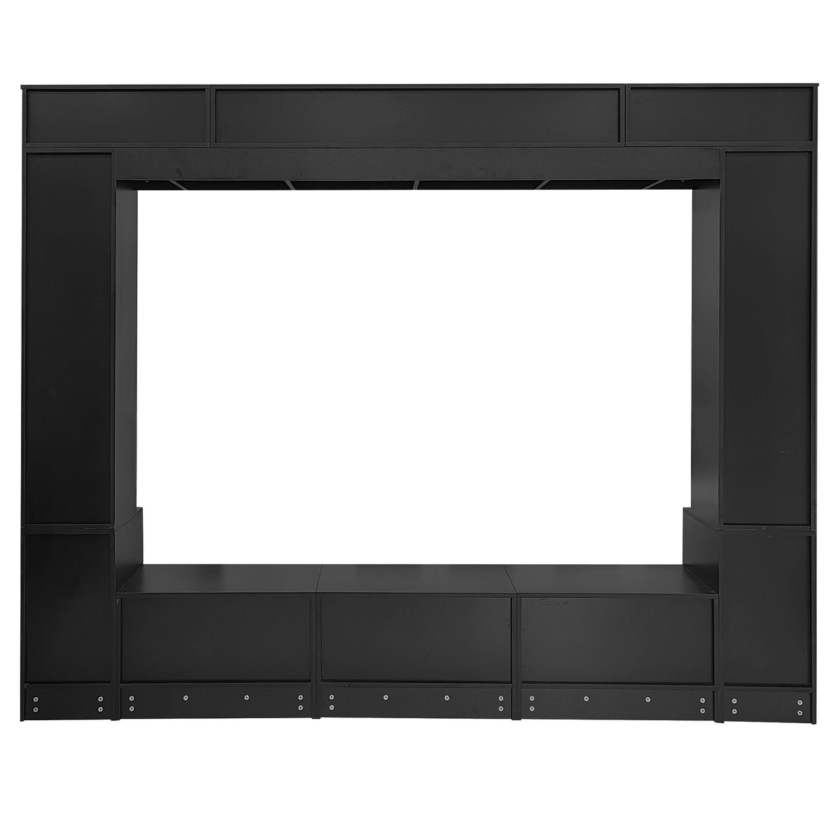 Wall unit entertainment center in black finish with tall side posts and studded bottom drawers on Tampa Home & Garden Store