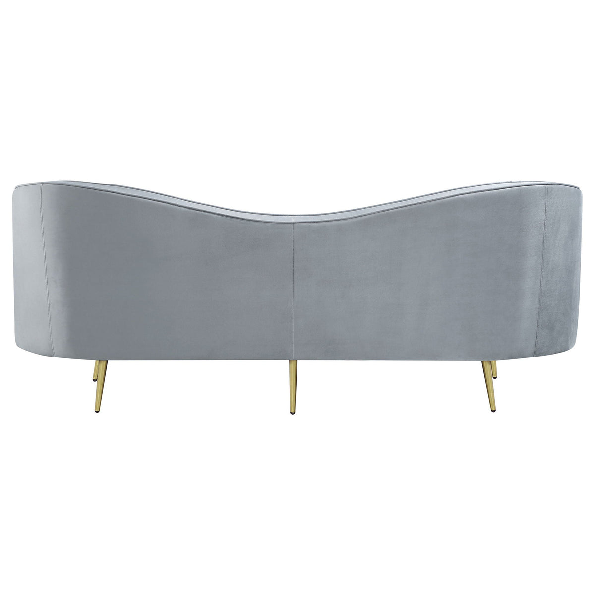 Reigha upholstered gray sofa with channel-tufted back curved silhouette and gold legs on Tampa Home & Garden Store