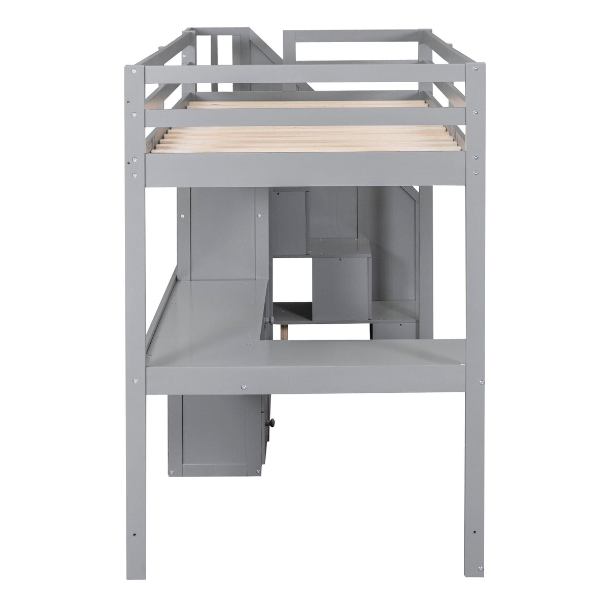 Loft bed with L-shaped desk, drawers, cabinet and storage staircase in gray metal on Tampa Home & Garden Store