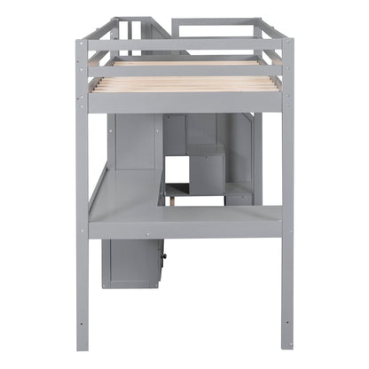 Loft bed with L-shaped desk, drawers, cabinet and storage staircase in gray metal on Tampa Home & Garden Store
