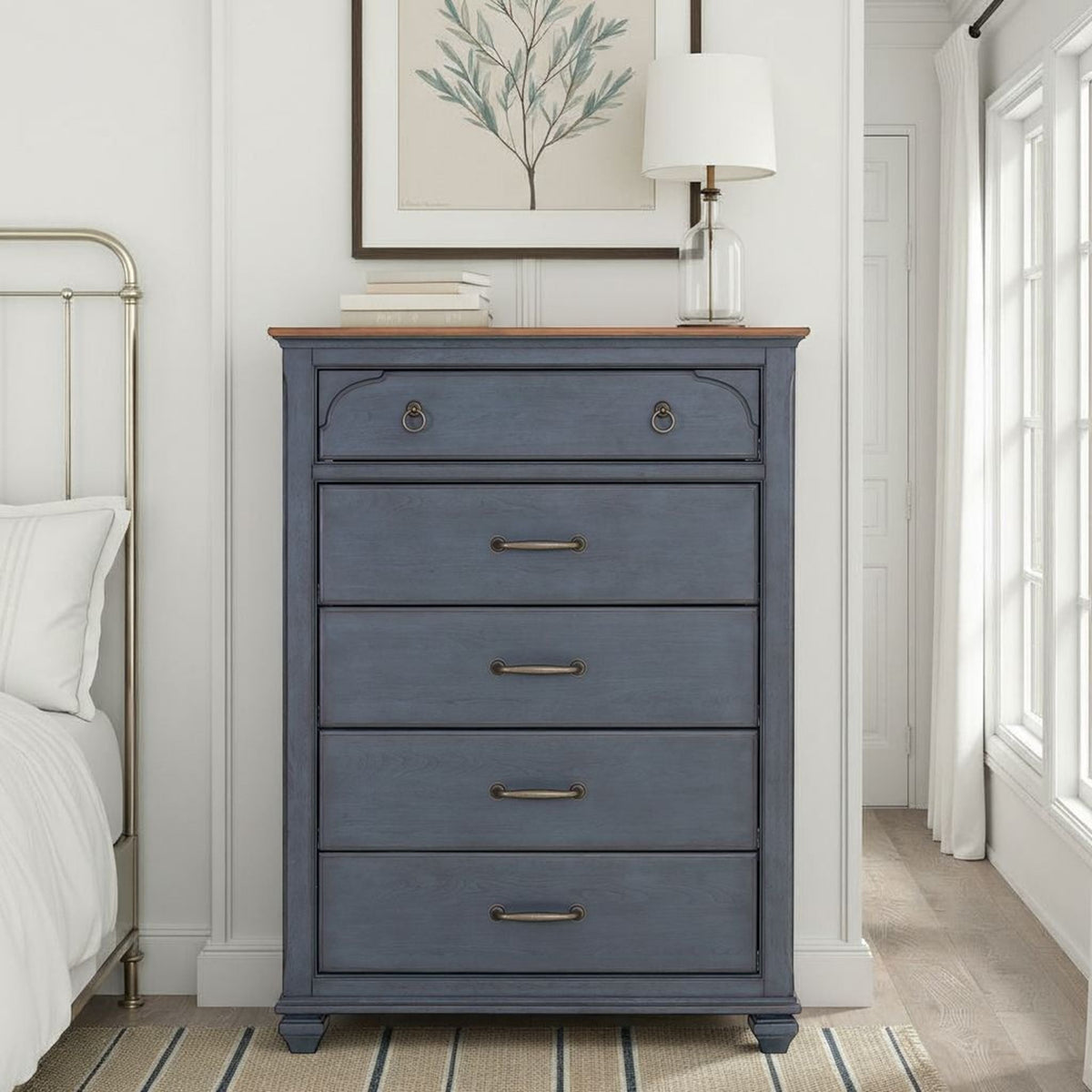 Chest - Blue accent chest by HouseOfZazla with natural wood top and brass hardware on Tampa Home & Garden Store