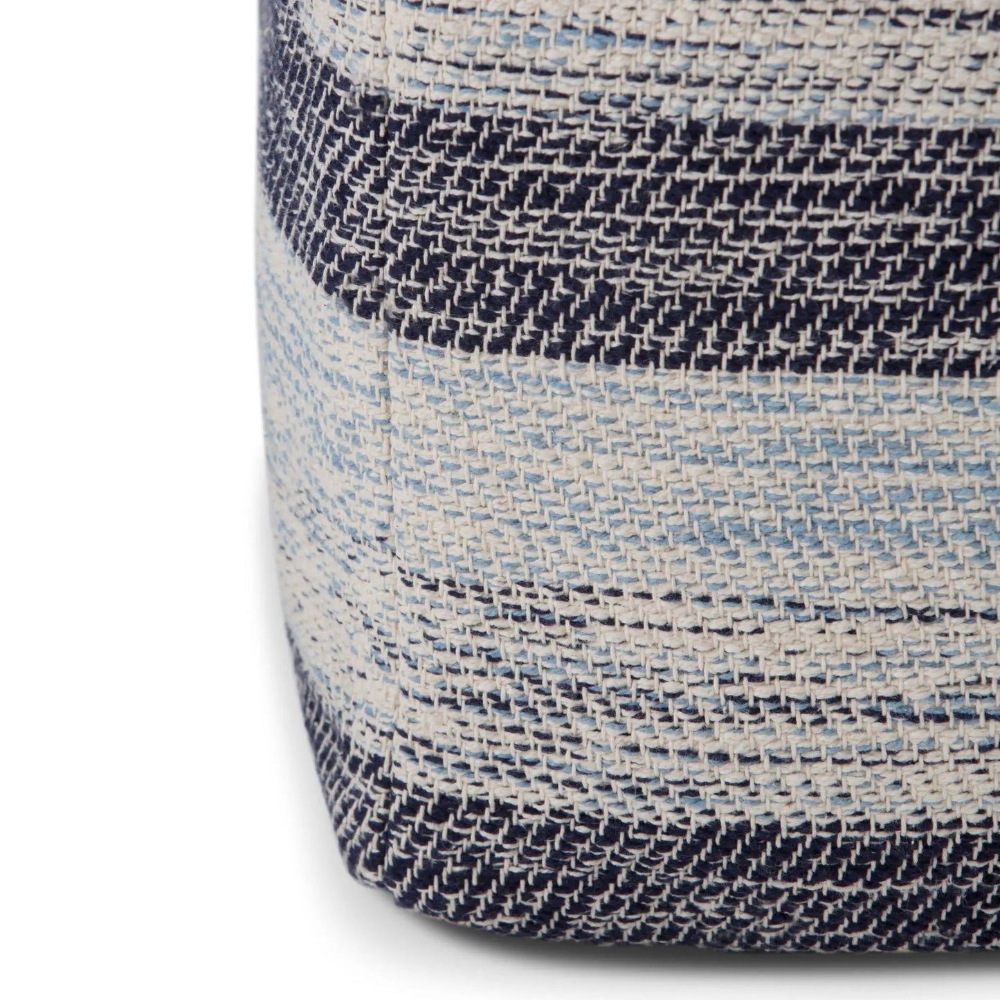 Clay square upholstered pouf with navy and beige woven texture on Tampa Home & Garden Store