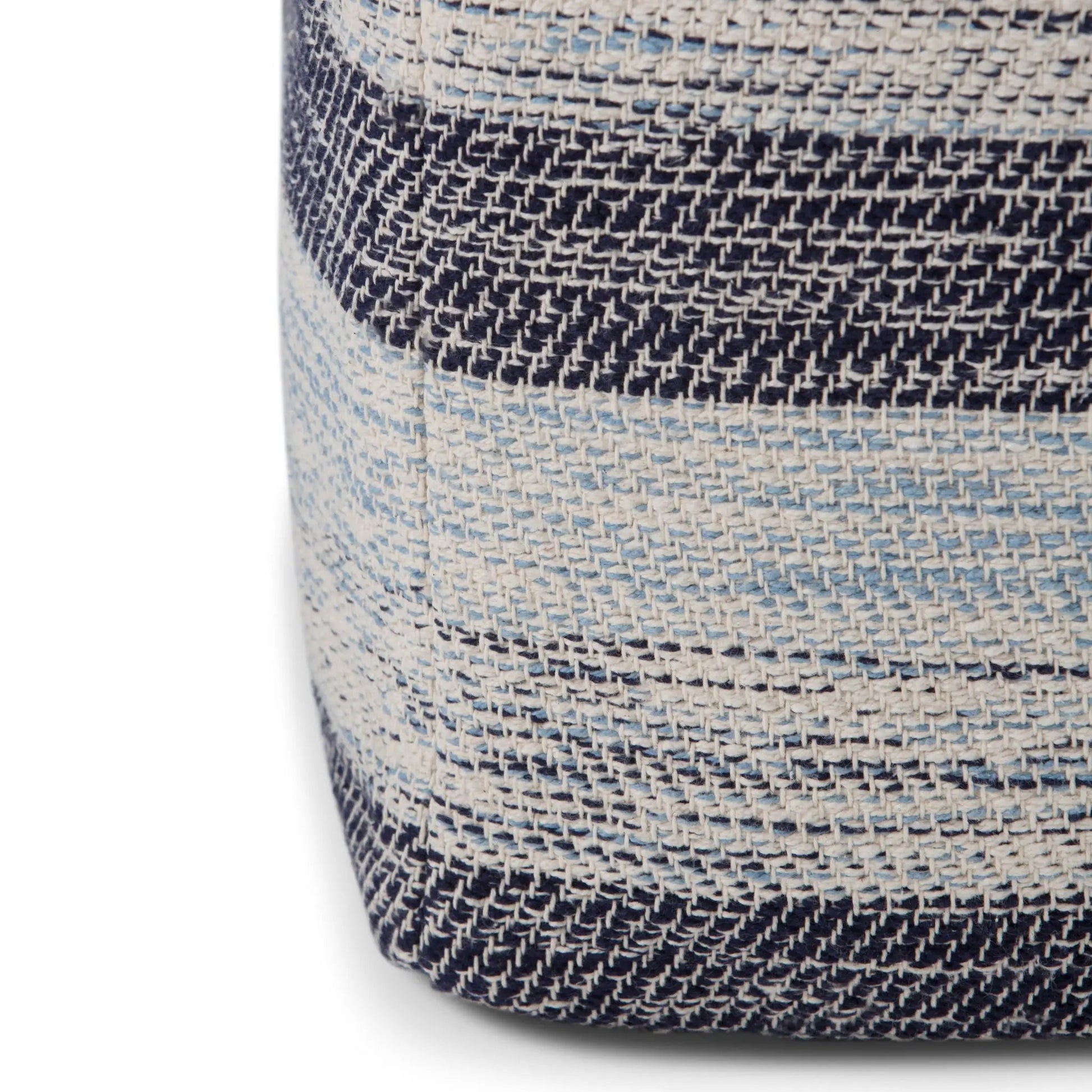 Clay square upholstered pouf with navy and beige woven texture on Tampa Home & Garden Store
