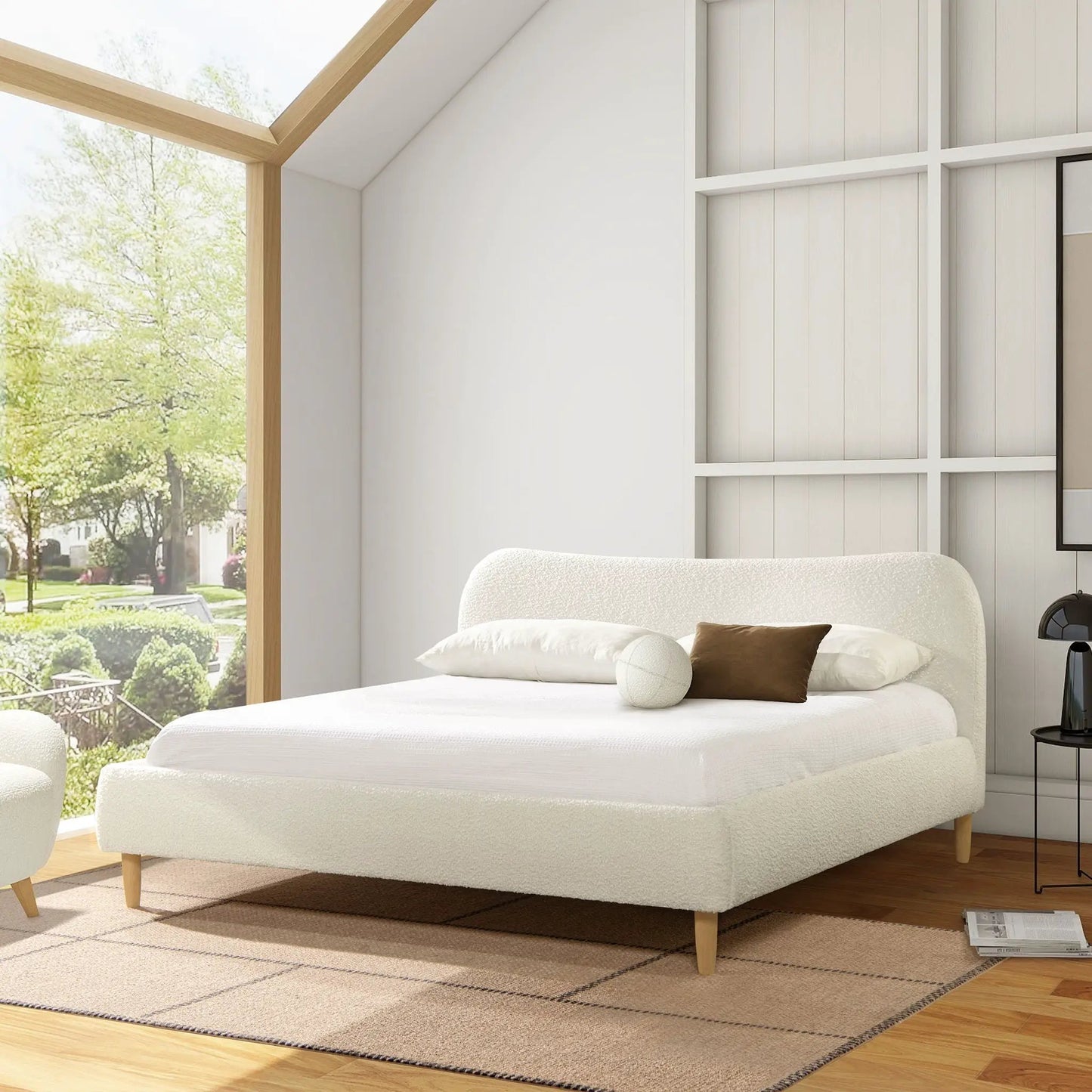 Roman Curved Headboard Upholstered Platform Bed by Unique Piece Furniture in white fabric on Tampa Home & Garden Store