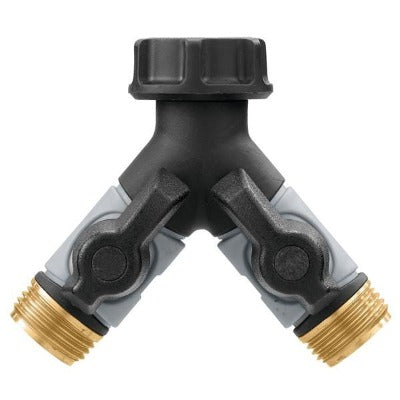 Metal Hose Y with Shut-offs hose end, Orbit Irrigation, black body with two brass outlets on Tampa Home & Garden Store