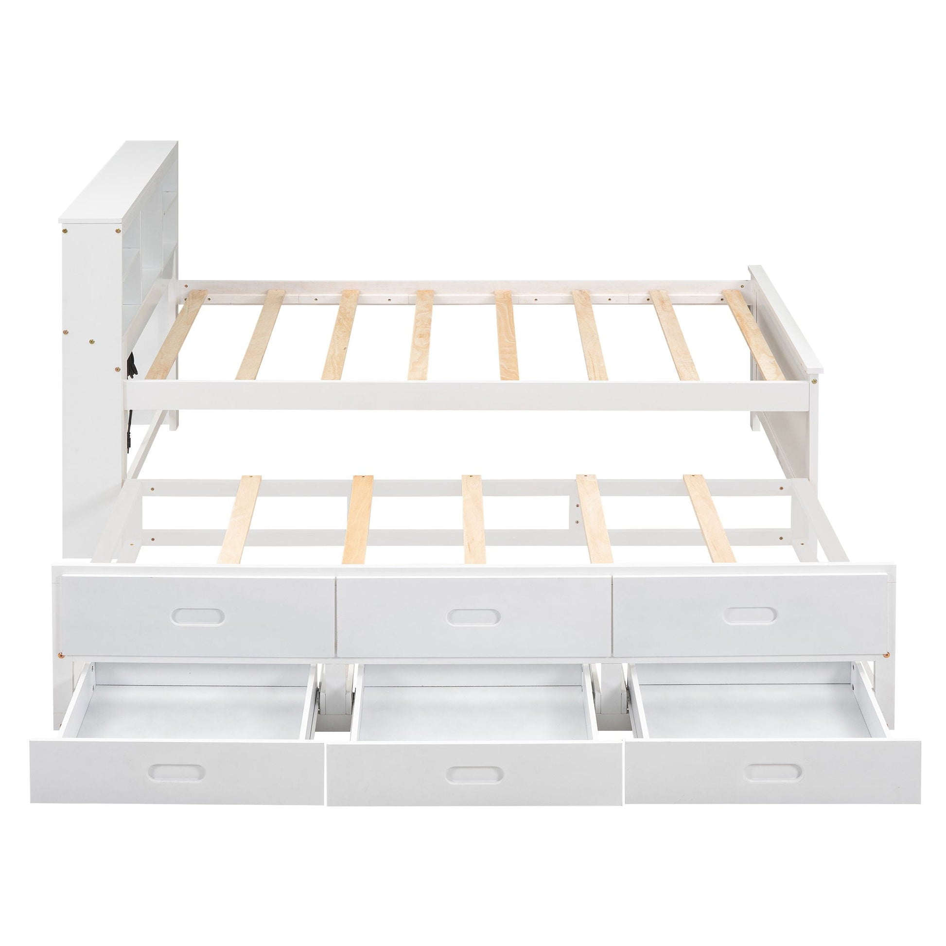 White platform bed with storage headboard and 3 front drawers, slatted bed foundation on Tampa Home & Garden Store
