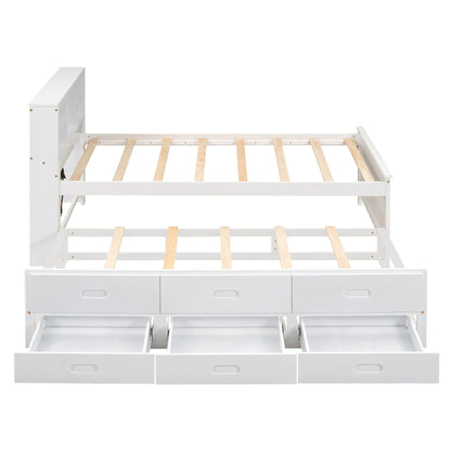 White platform bed with storage headboard and 3 front drawers, slatted bed foundation on Tampa Home & Garden Store