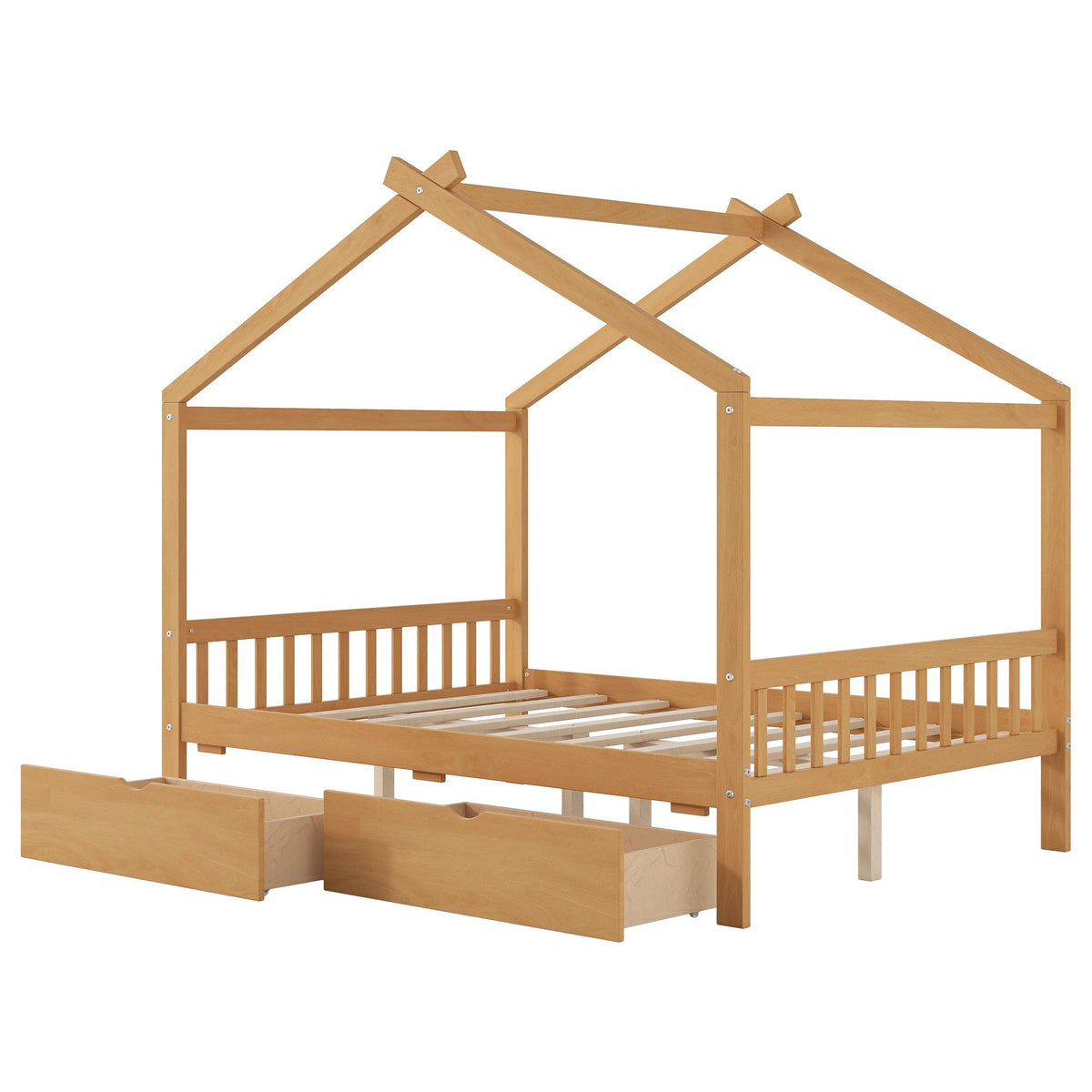 Storage bed frame by HouseOfZazla in natural wood with headboard, roof beams, 2 drawers on Tampa Home & Garden Store