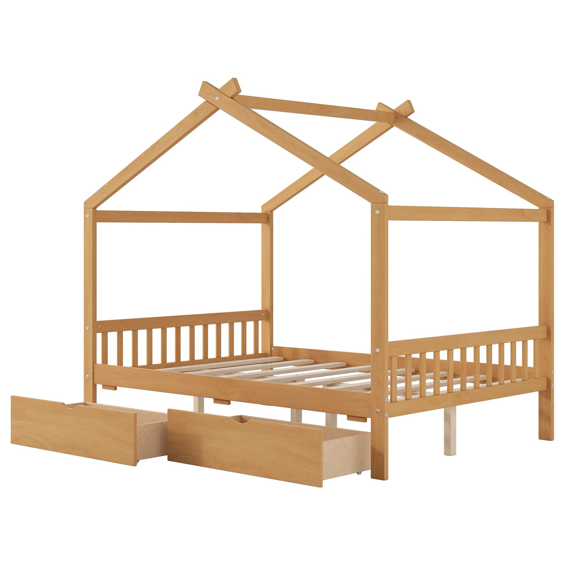 Storage bed frame by HouseOfZazla in natural wood with headboard, roof beams, 2 drawers on Tampa Home & Garden Store
