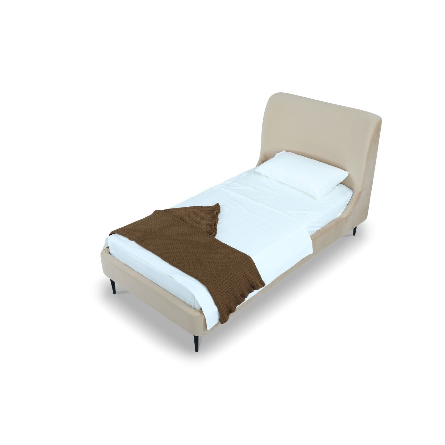 Heather upholstered bed with curved beige headboard, white linens, brown throw HouseOfZazla on Tampa Home & Garden Store