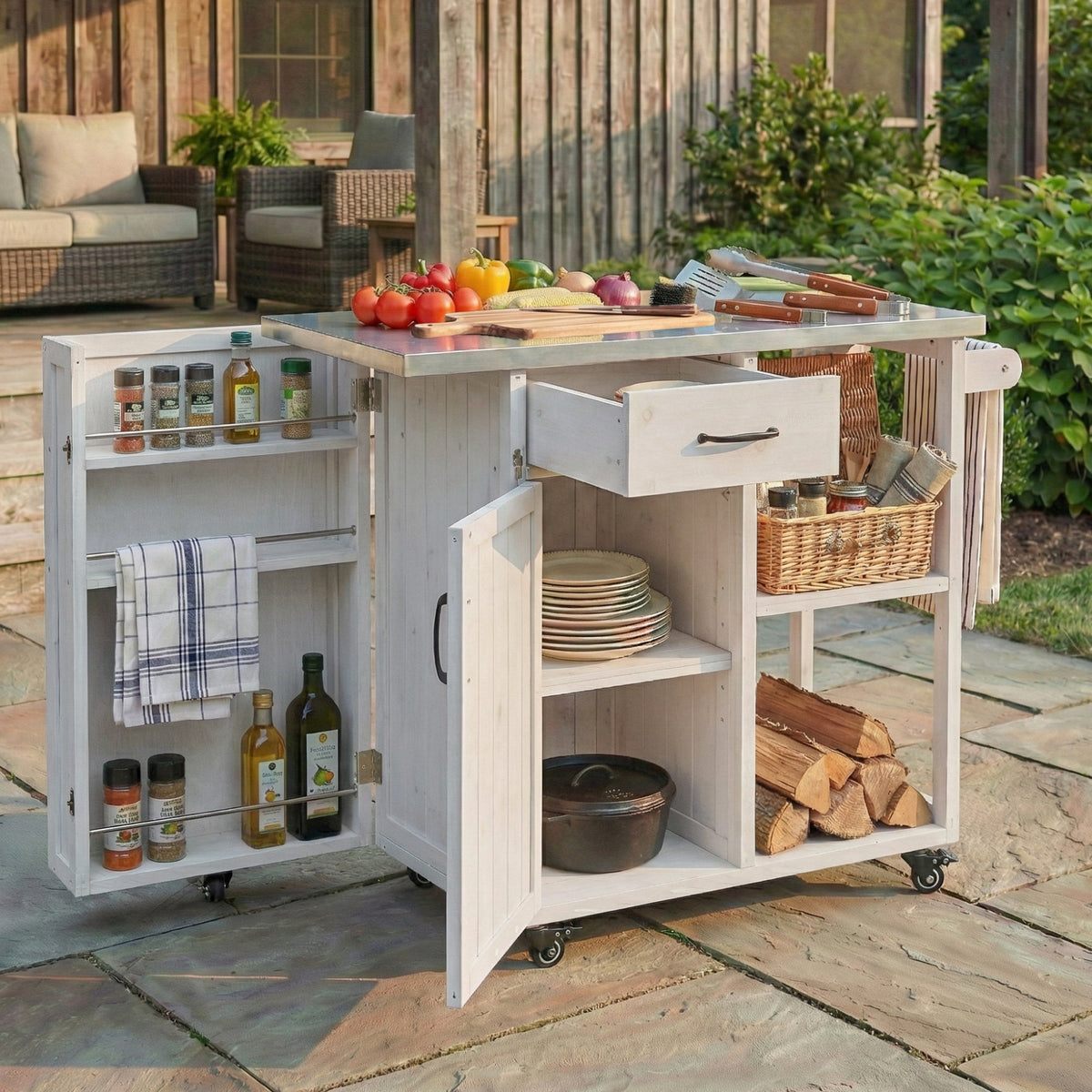 Outdoor Kitchen Island Fir Wood Prep Station on caster wheels with drawers and open shelves on Tampa Home & Garden Store