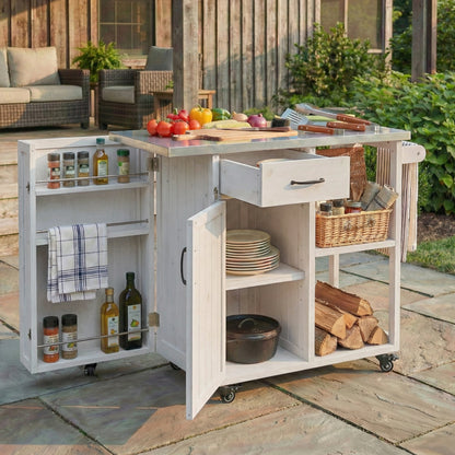 Outdoor Kitchen Island Fir Wood Prep Station on caster wheels with drawers and open shelves on Tampa Home & Garden Store