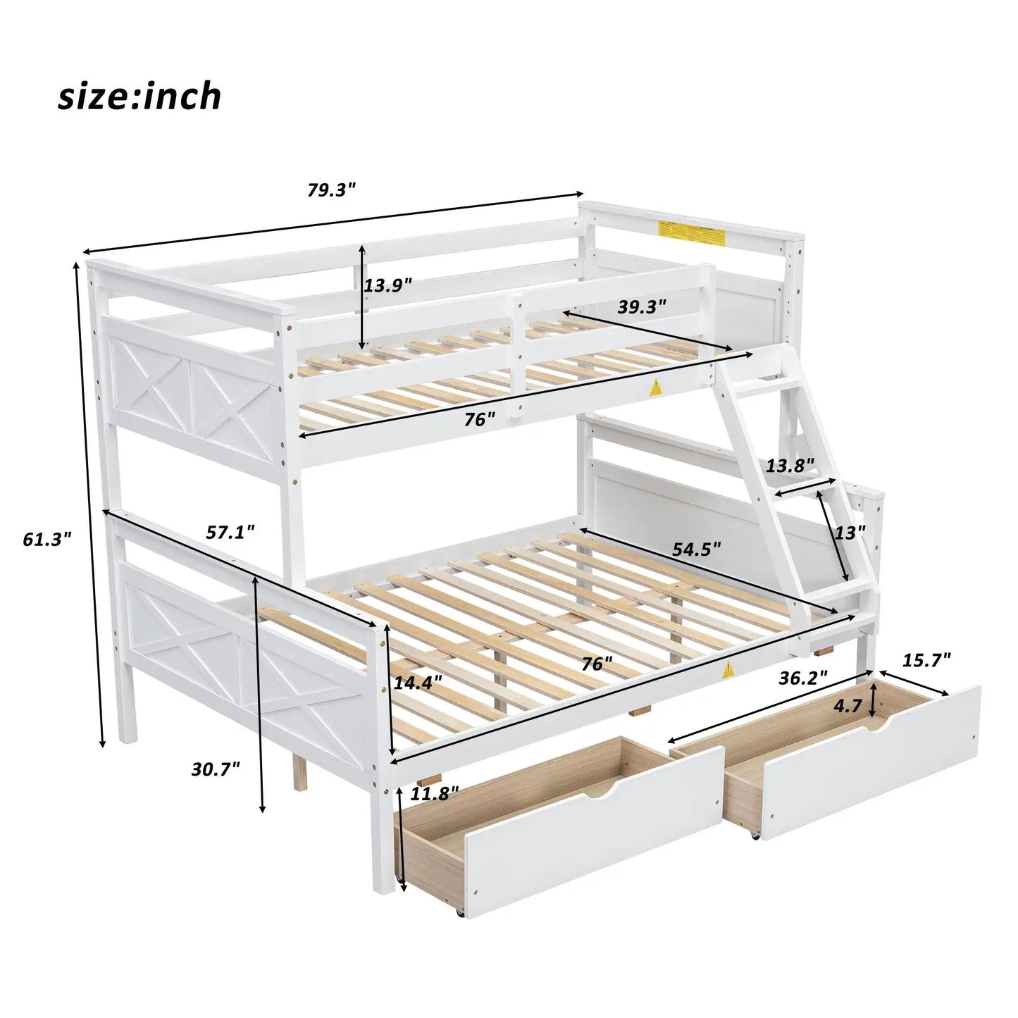 Bunk bed with ladder and safety guardrail in white finish, wooden slats on Tampa Home & Garden Store