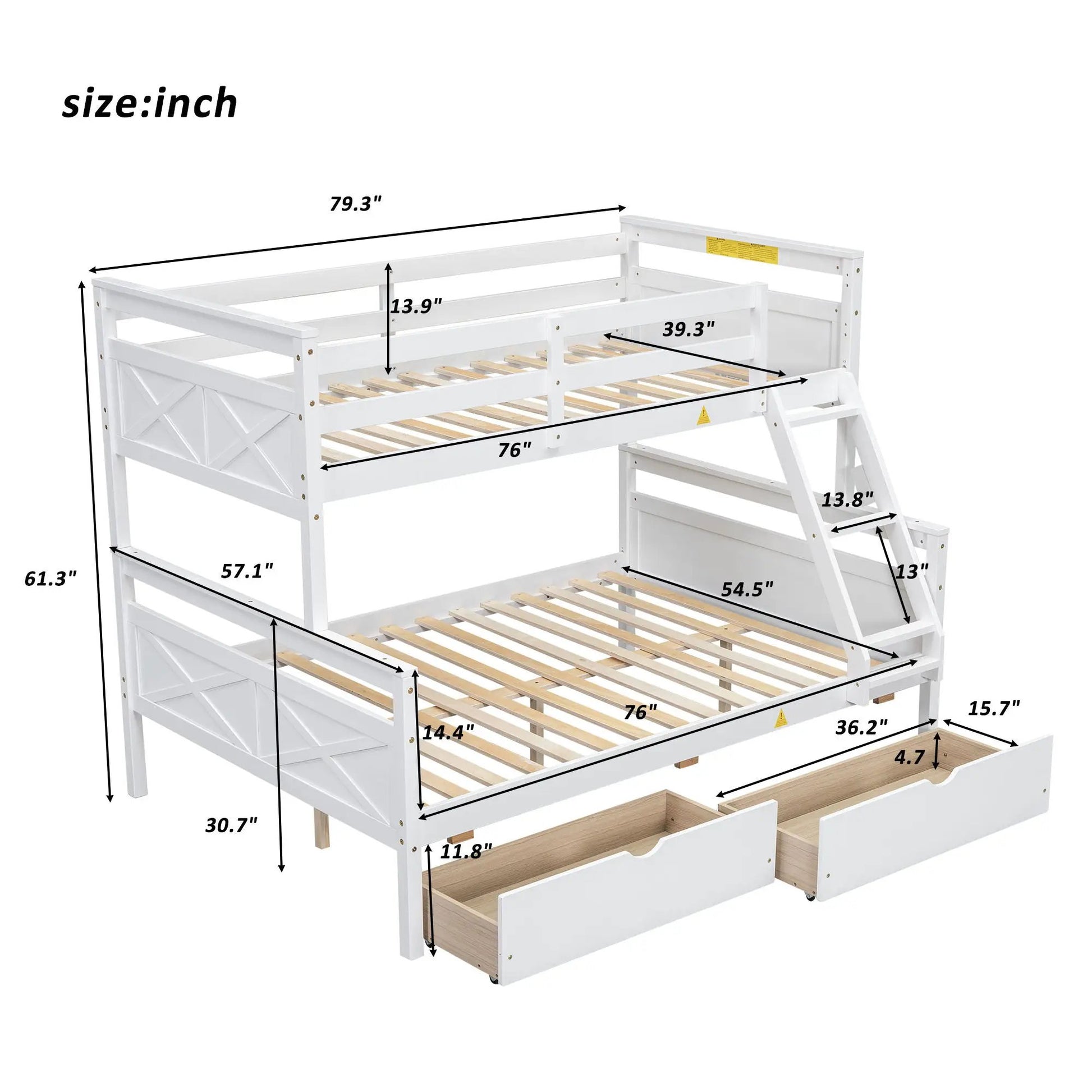 Bunk bed with ladder and safety guardrail in white finish, wooden slats on Tampa Home & Garden Store