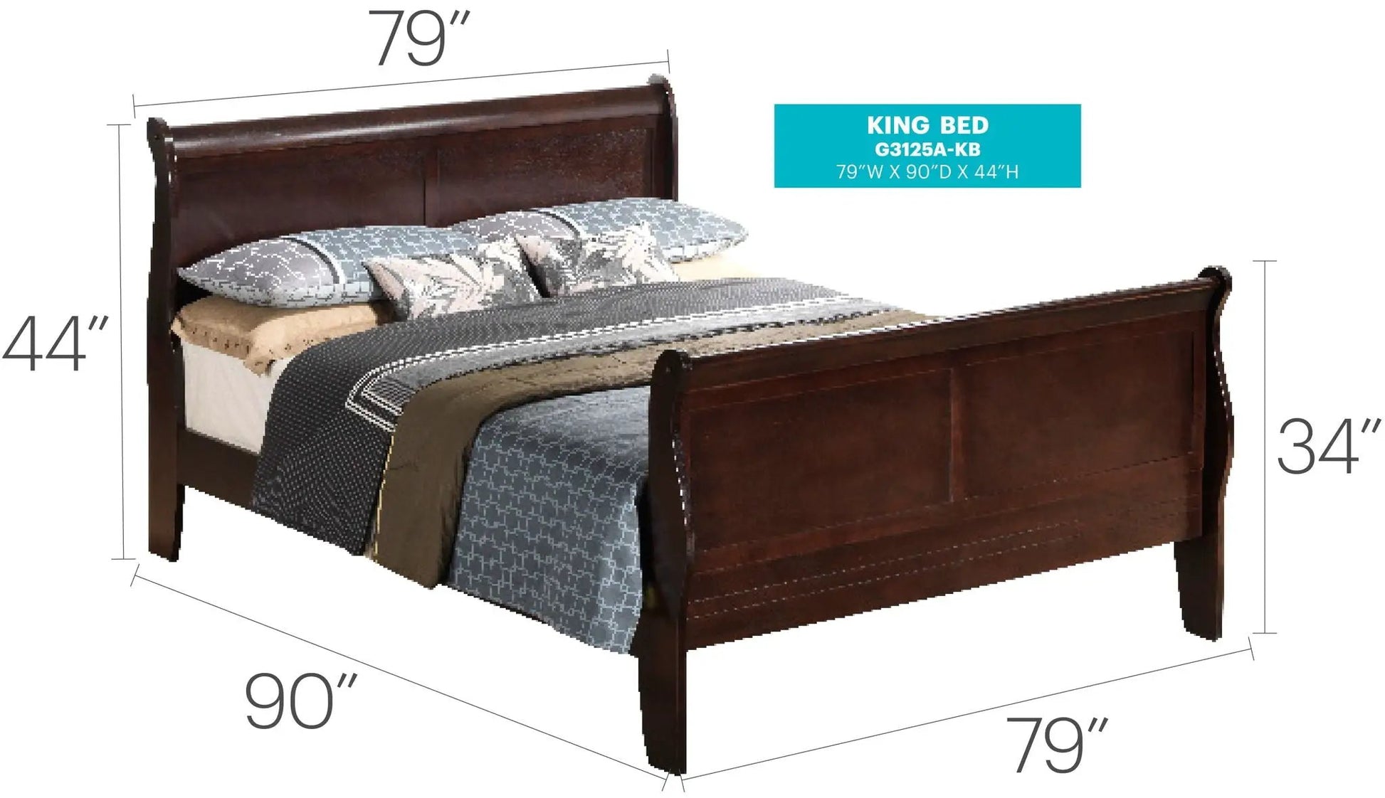 Louis Phillipe Panel Sleigh Bed dark wood frame with headboard and footboard king bed on Tampa Home & Garden Store