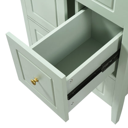 Retro vanity with sage-green finish; open drawer shows soft-close glide and gold knob on Tampa Home & Garden Store