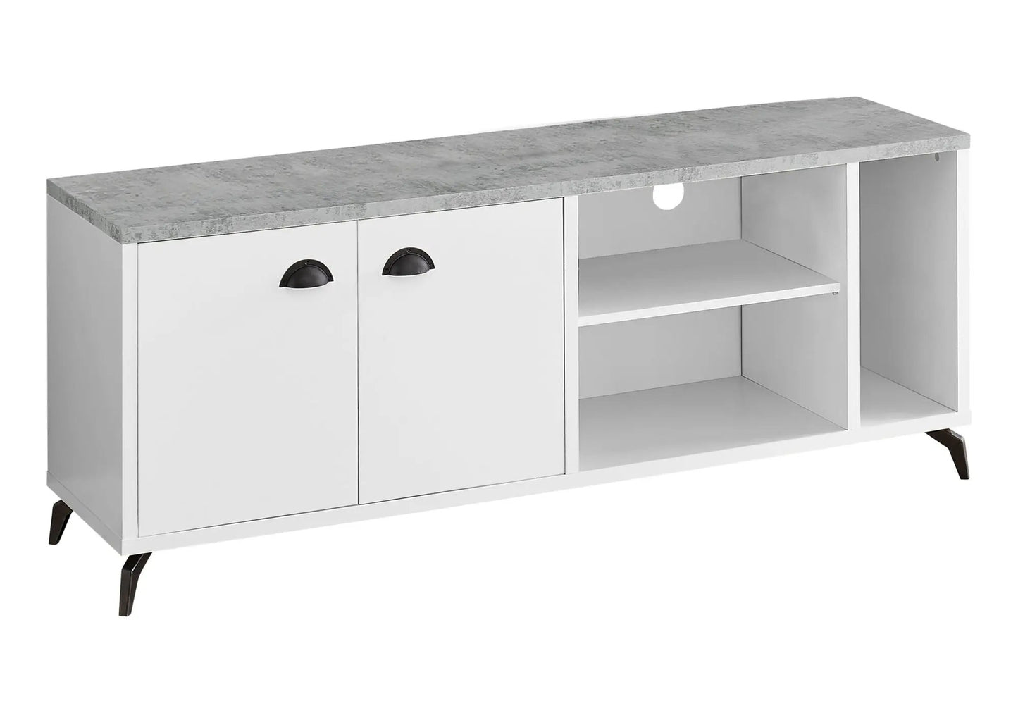 TV stand by Unique Piece Furniture with white doors and concrete top, open shelf on Tampa Home & Garden Store