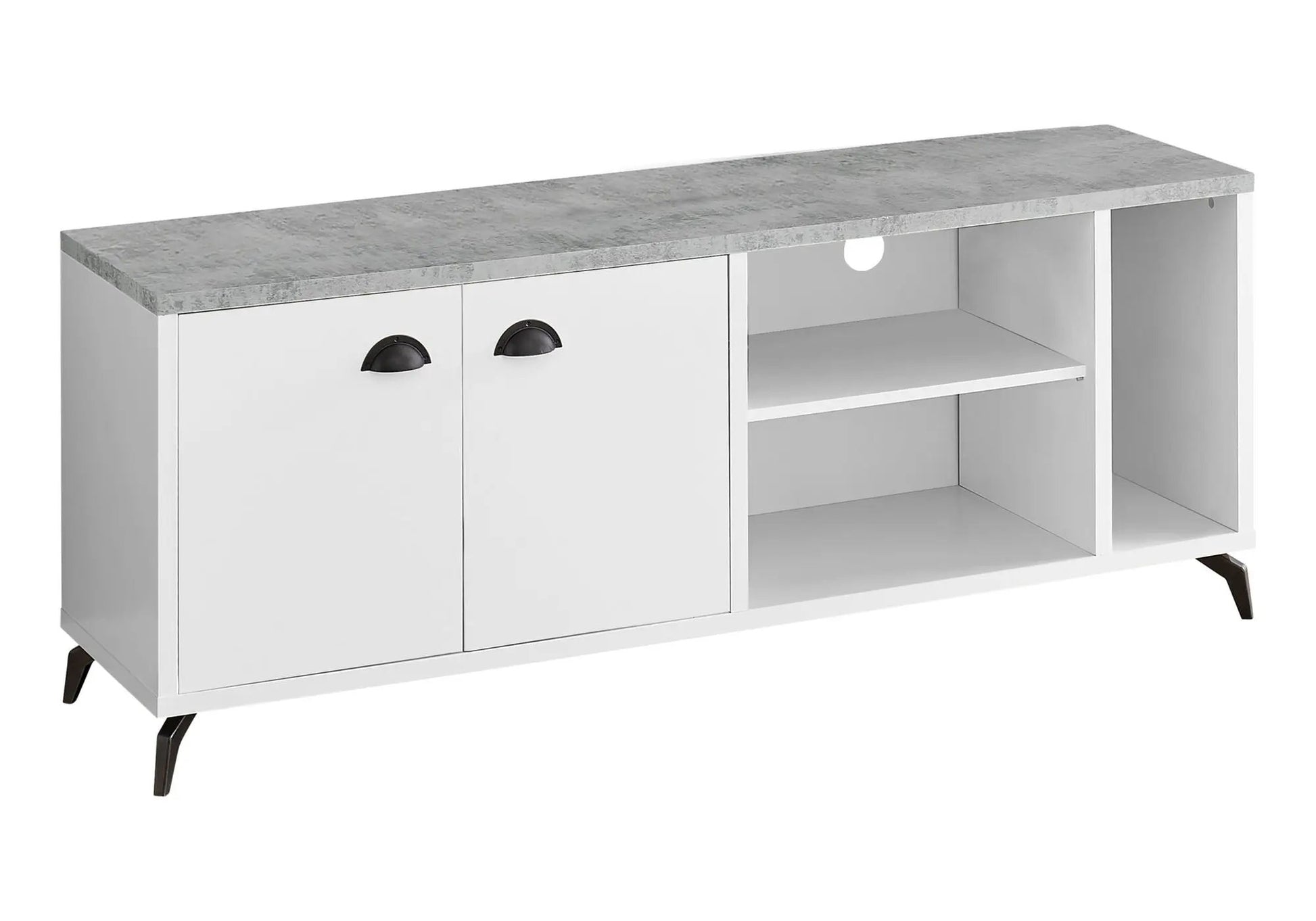 TV stand by Unique Piece Furniture with white doors and concrete top, open shelf on Tampa Home & Garden Store