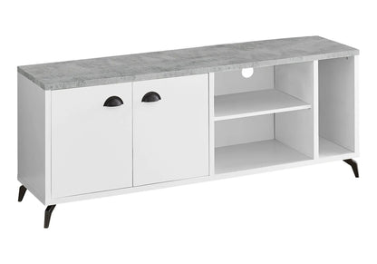 TV stand by Unique Piece Furniture with white doors and concrete top, open shelf on Tampa Home & Garden Store