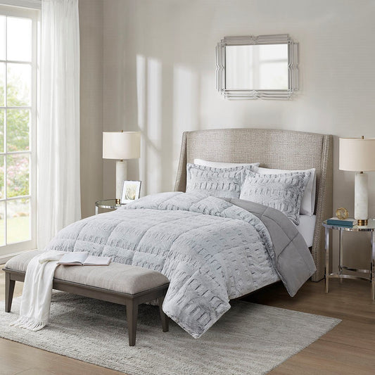 HouseOfZazla Full/Queen Back Print Long Fur Comforter Mini Set in light gray with matching shams on Tampa Home & Garden Store
