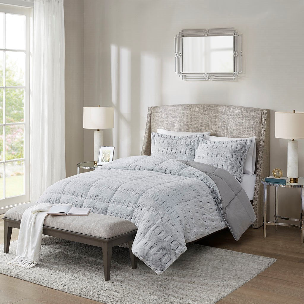 King/Cal King Back Print Long Fur Mini Set light gray fur with matching shams on a bed on Tampa Home & Garden Store
