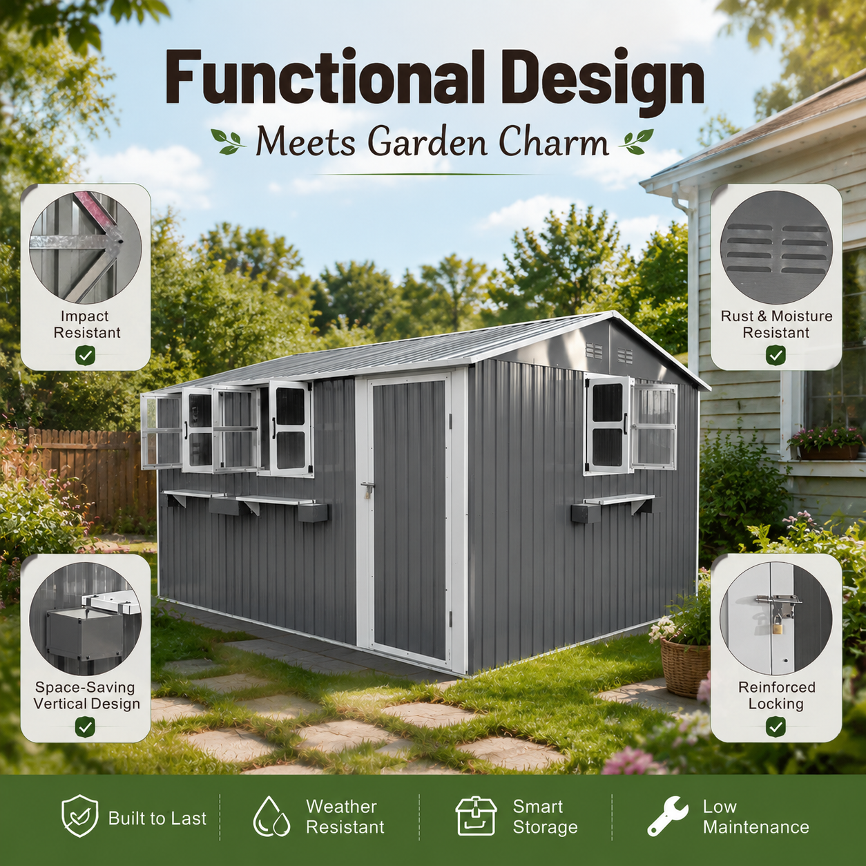 12x10 Ft Outdoor Metal Storage Shed with Windows