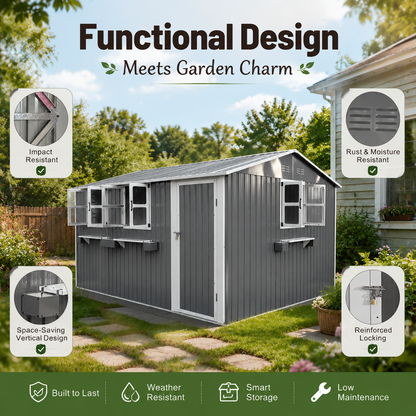 12x10 Ft Outdoor Metal Storage Shed with Windows