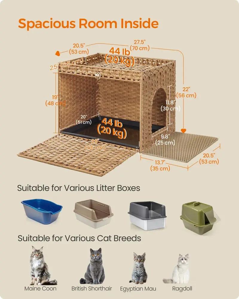 Handwoven rattan litter box cabinet with tray, natural brown, Max & Rex furniture on Tampa Home & Garden Store