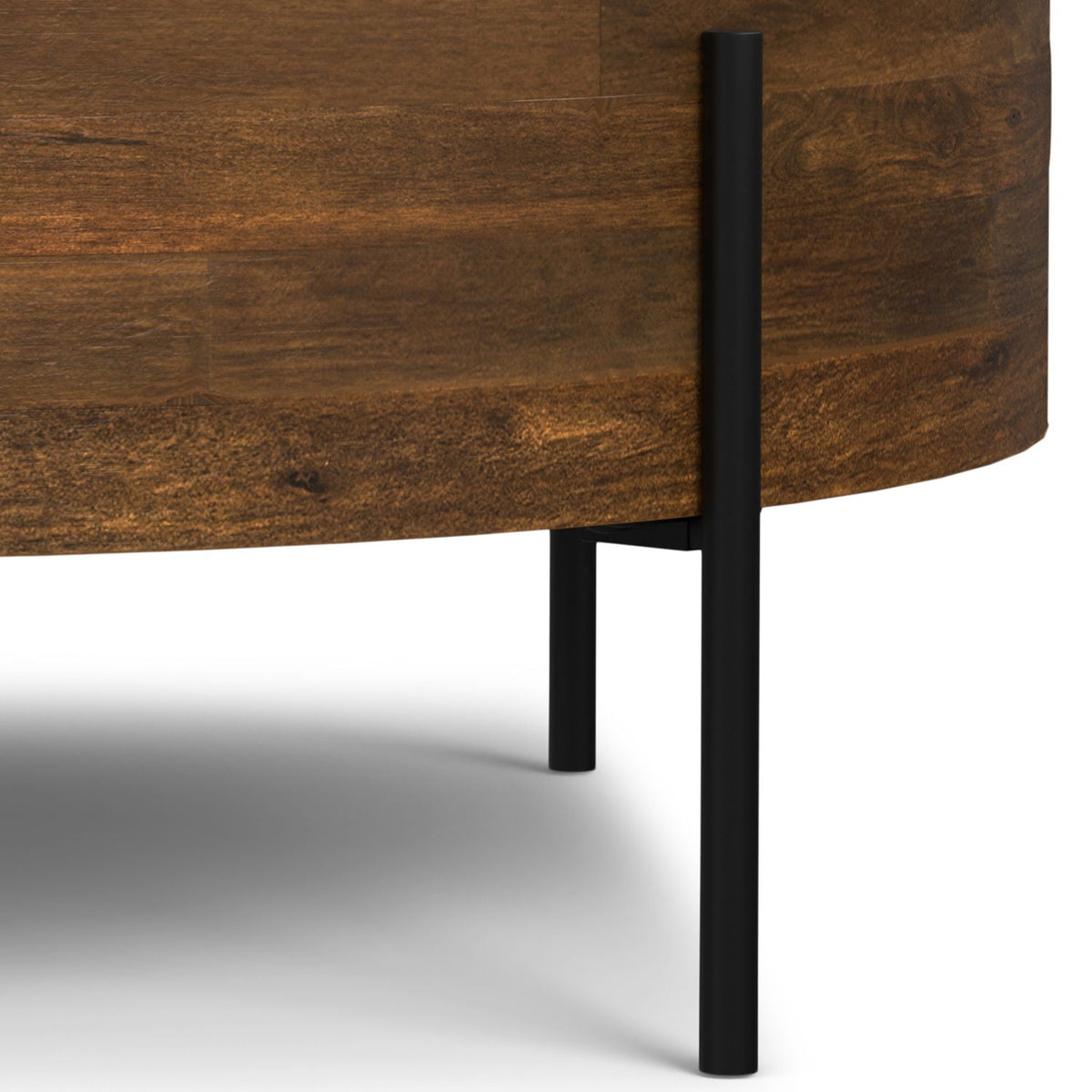 Coffee table with solid mango wood top in warm brown finish and black metal legs on Tampa Home & Garden Store