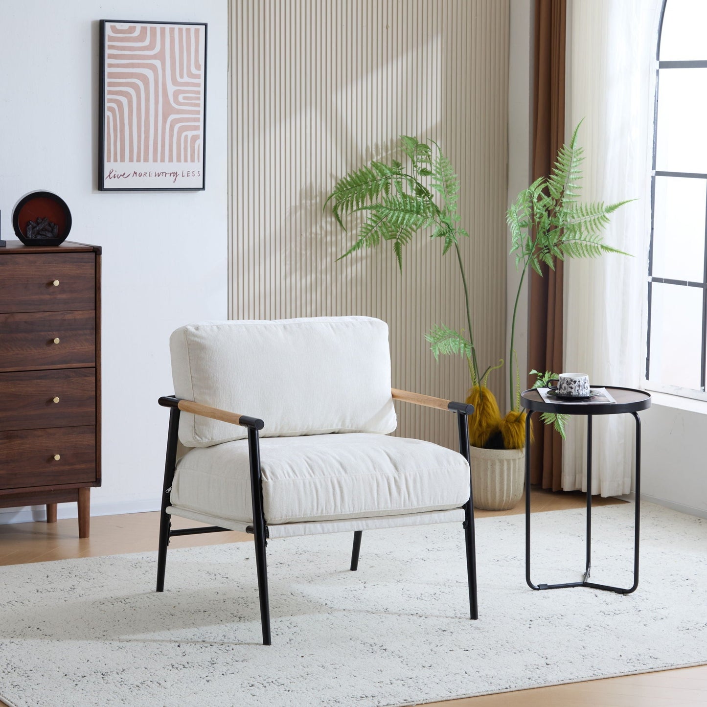 Modern accent chair with plush cushions and wooden armrests by HouseOfZazla on Tampa Home & Garden Store