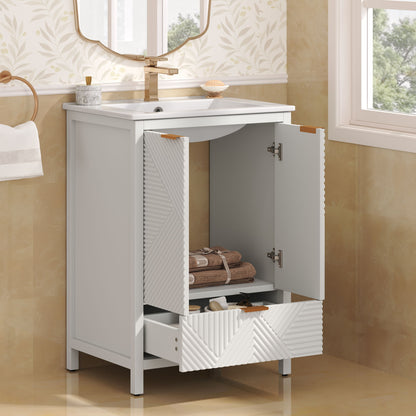 Modern bathroom vanity with sink in light gray, countertop, gold faucet; open shelf storage on Tampa Home & Garden Store