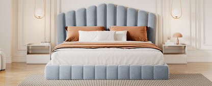 Velvet Upholstered Queen Bed with Shell Headboard