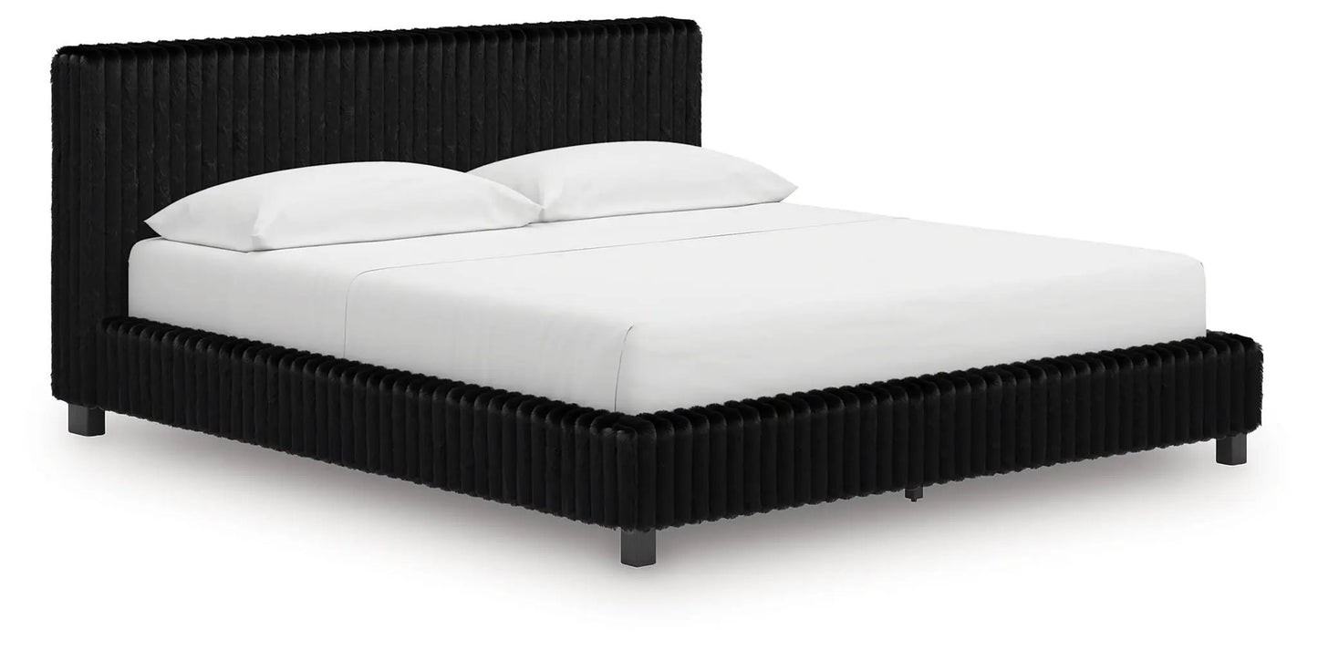 Zuraleus Upholstered Bed by Unique Piece Furniture in black ribbed fabric with tall headboard on Tampa Home & Garden Store