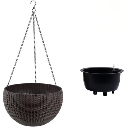 Self Watering Hanging Planter 2pc brown wicker basket with black plastic planter water indicator on Tampa Home & Garden Store