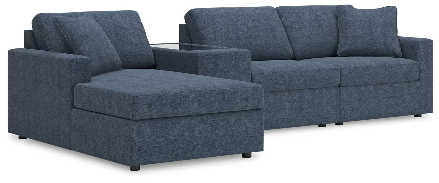 Modmax Ink sectional sofa in blue fabric with left chaise and glass-top console on Tampa Home & Garden Store