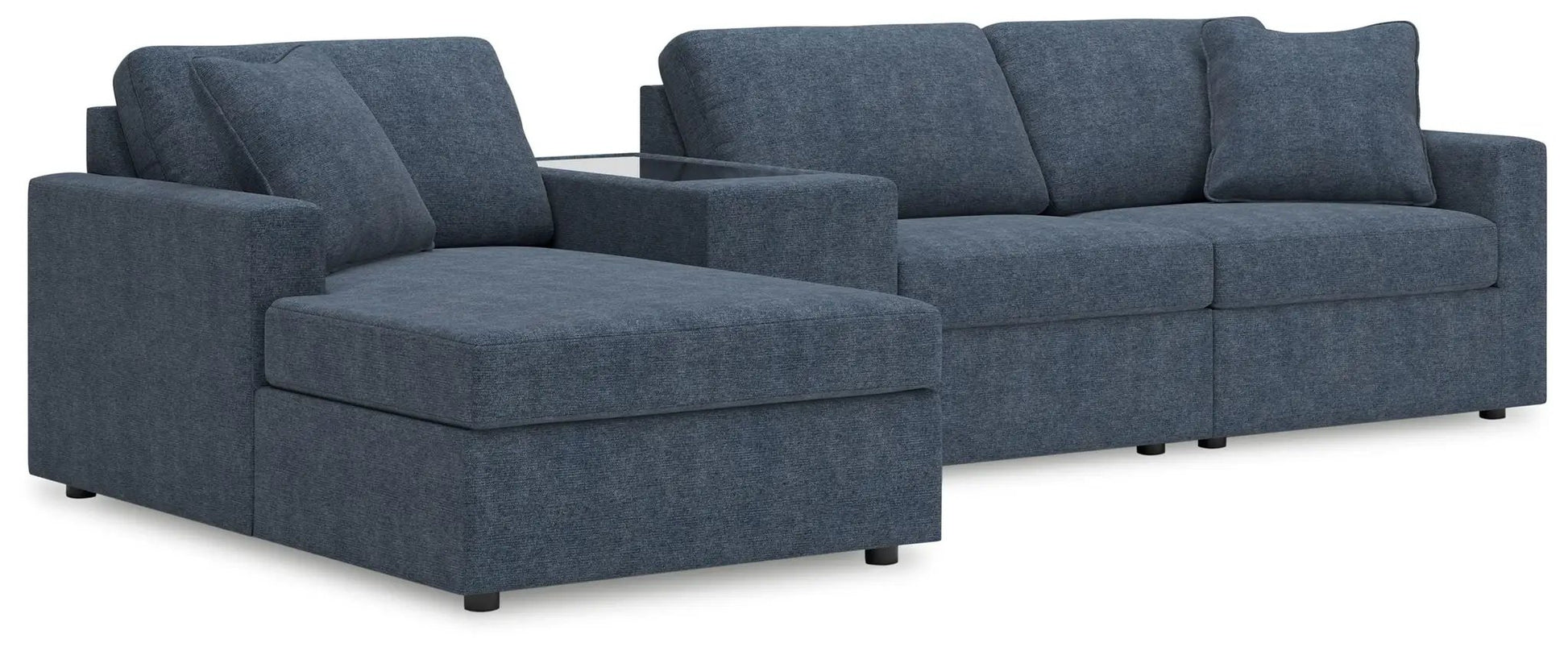 Modmax Ink sectional sofa in blue fabric with left chaise and glass-top console on Tampa Home & Garden Store