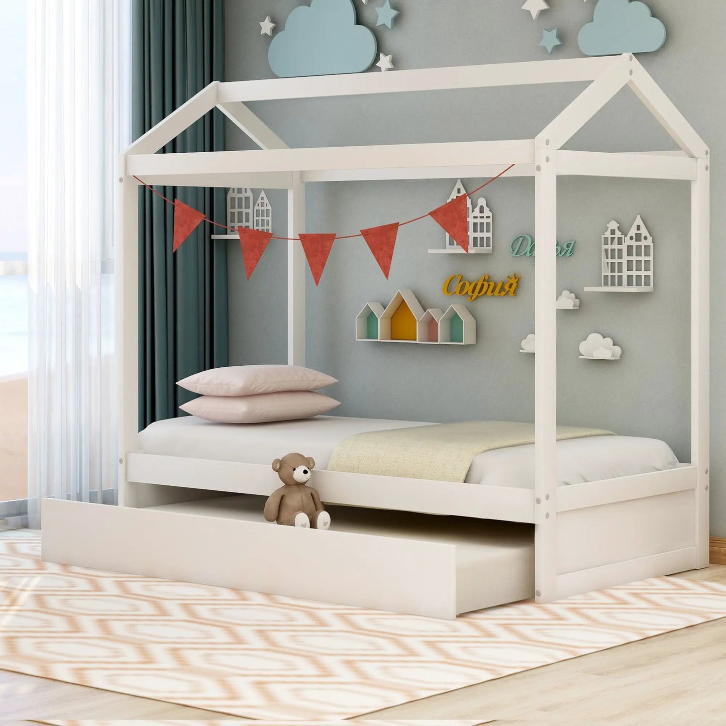House Bed With Trundle In Twin Size White