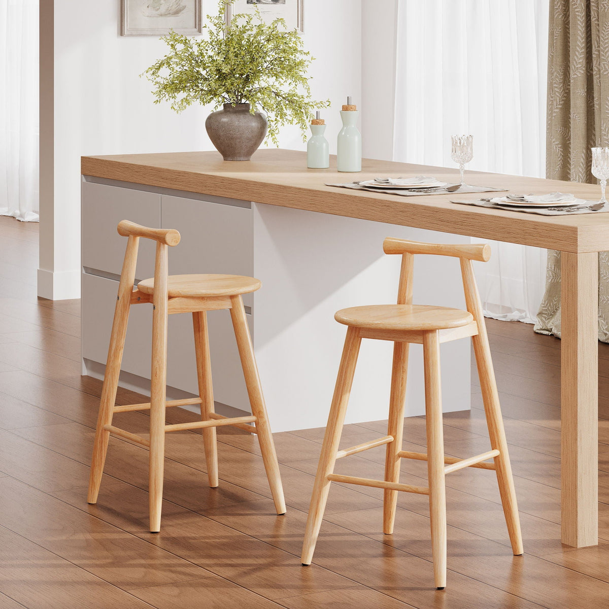 Natural Grove indoor barstool set of 2 with round wooden seats at a kitchen island on Tampa Home & Garden Store