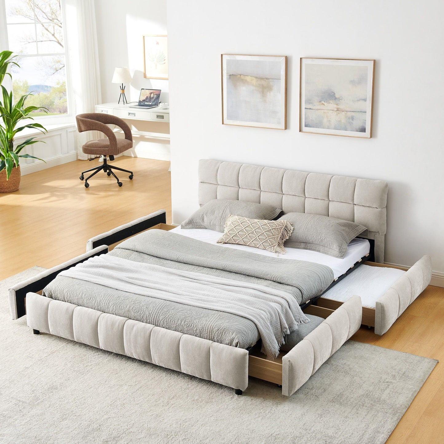Modern Platform Bed and Thick Fabric Headboard