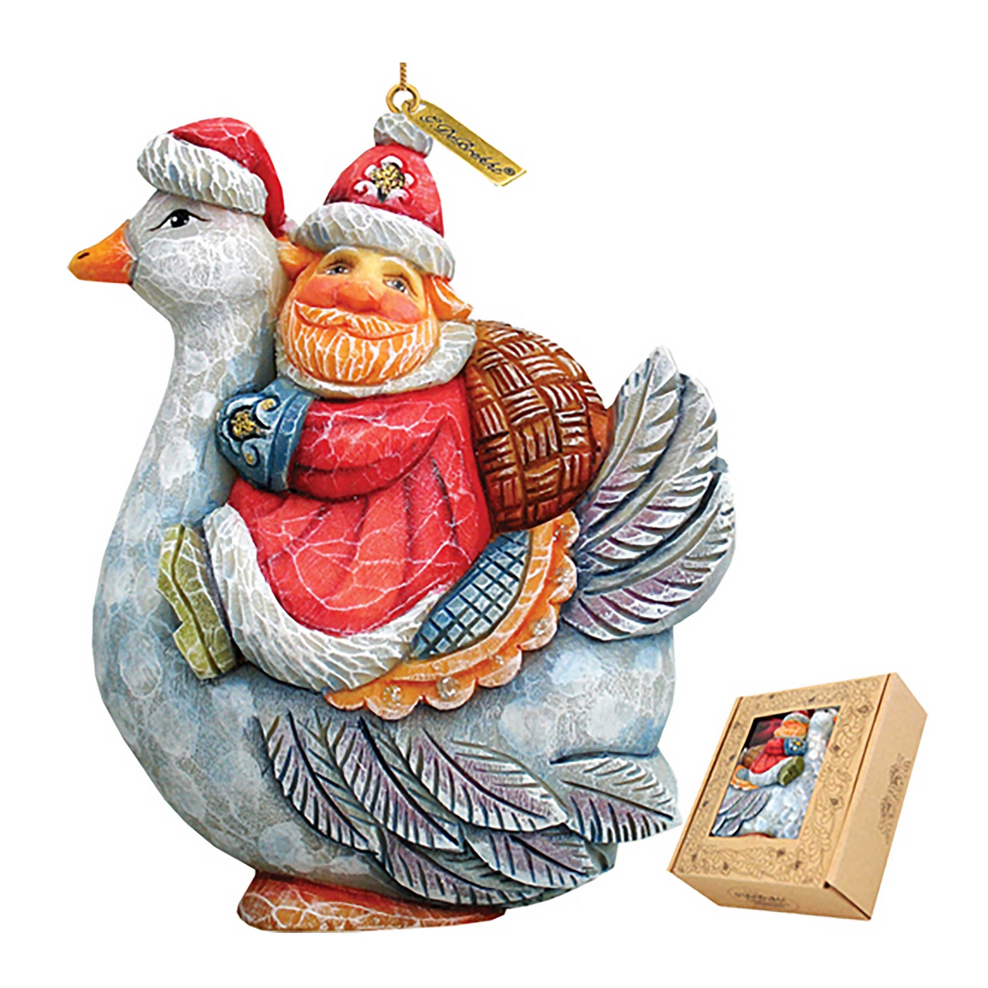 Santa on Goose sculpted ornament by G. DeBrekht, red suit with white trim on gray goose on Tampa Home & Garden Store