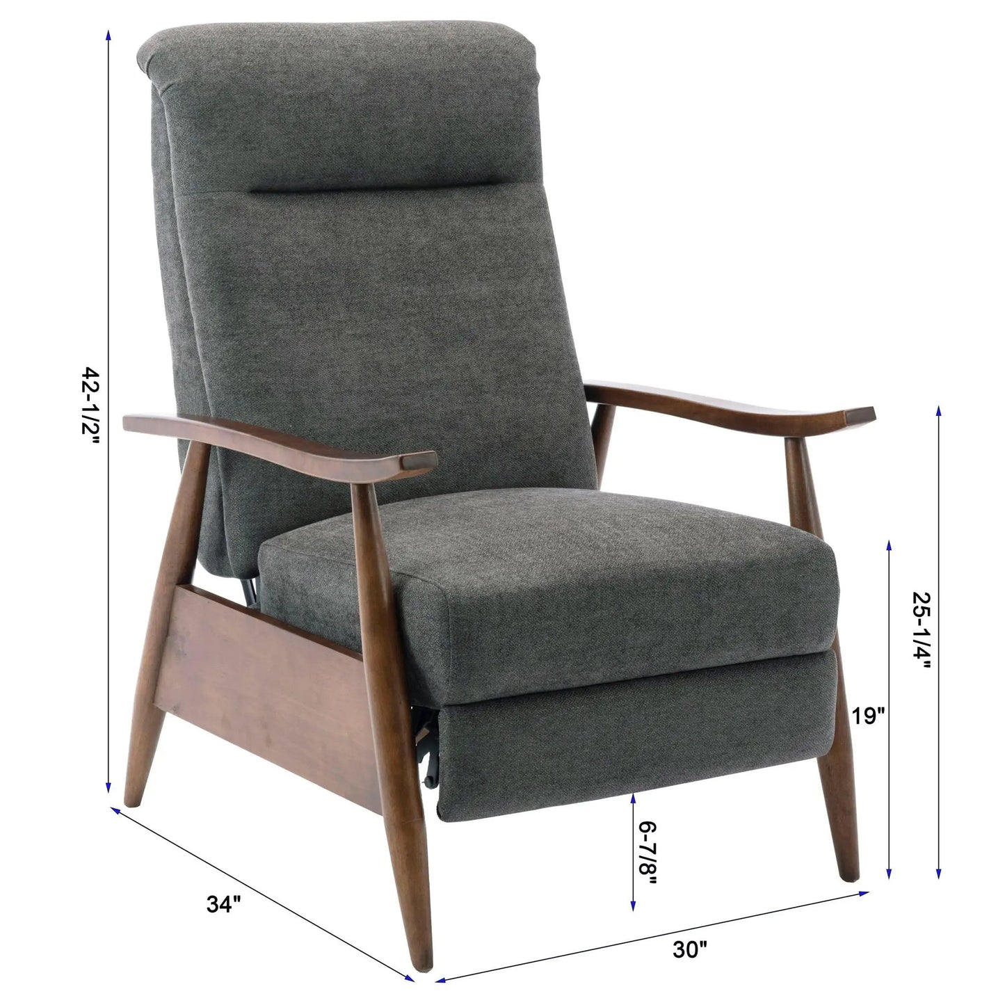 Sarasota Arm Push Back Recliner dark gray fabric with curved wood arms Unique Piece Furniture on Tampa Home & Garden Store