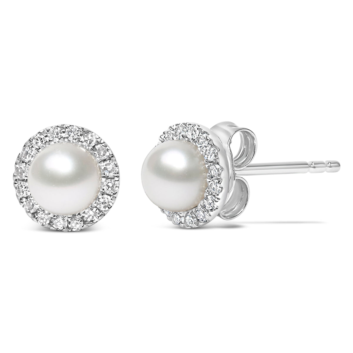 Pair of 10K white gold freshwater pearl stud earrings with diamond halo on Tampa Home & Garden Store