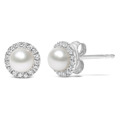 Pair of 10K white gold freshwater pearl stud earrings with diamond halo on Tampa Home & Garden Store