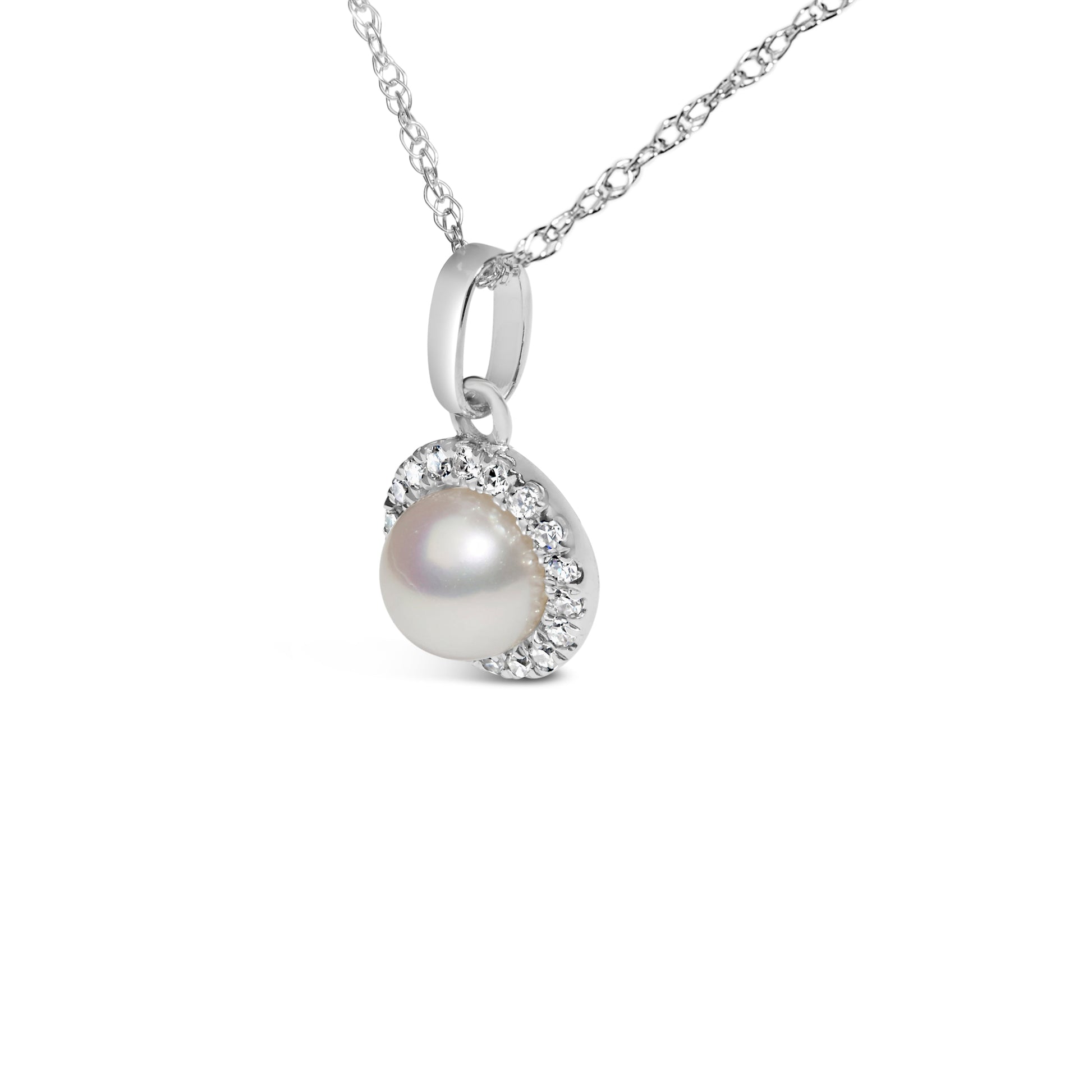 10K white gold 5mm cultured pearl pendant with diamond halo on silver chain on Tampa Home & Garden Store