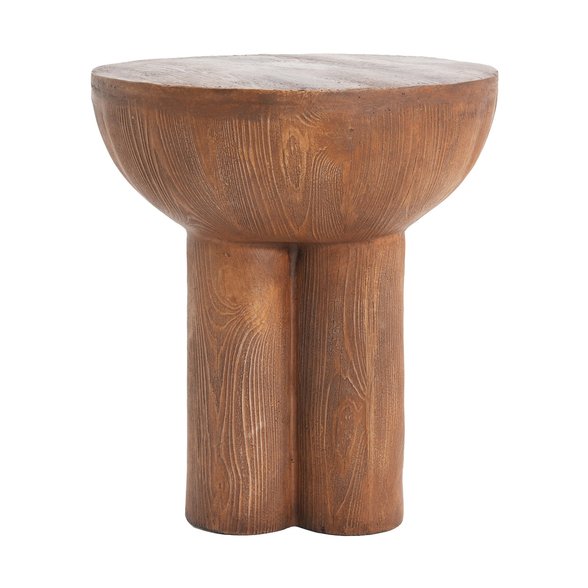 Iris outdoor patio three-legged wood-grain side table with round top in warm brown wood on Tampa Home & Garden Store