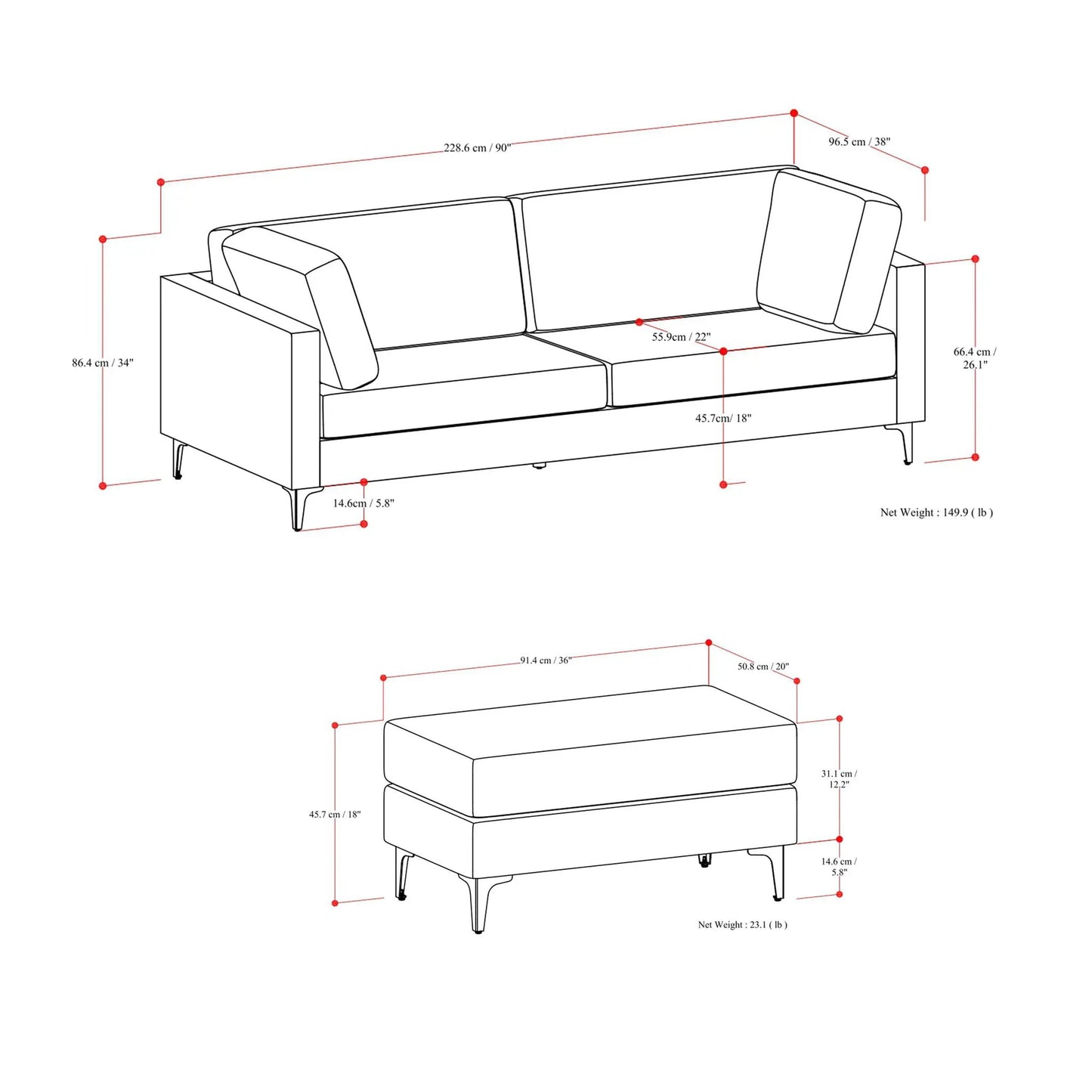 Ava Mid Century Sofa with Ottoman Set in Fabric
